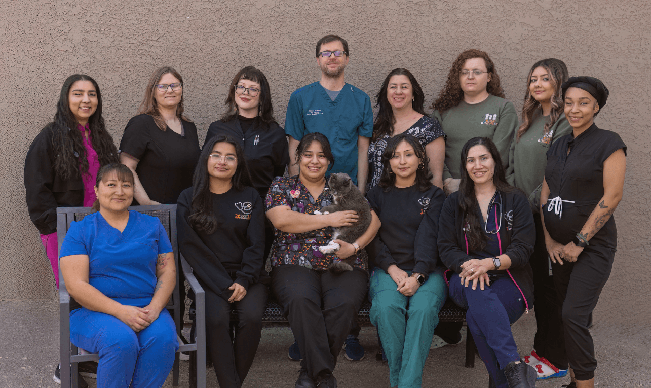 team members with a dog in the photo